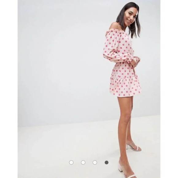 PrettyLittleThing Beige & Pink Polka Dot Bardot Tie Waist Shift Mini Dress 2 - Picture 1 of 6